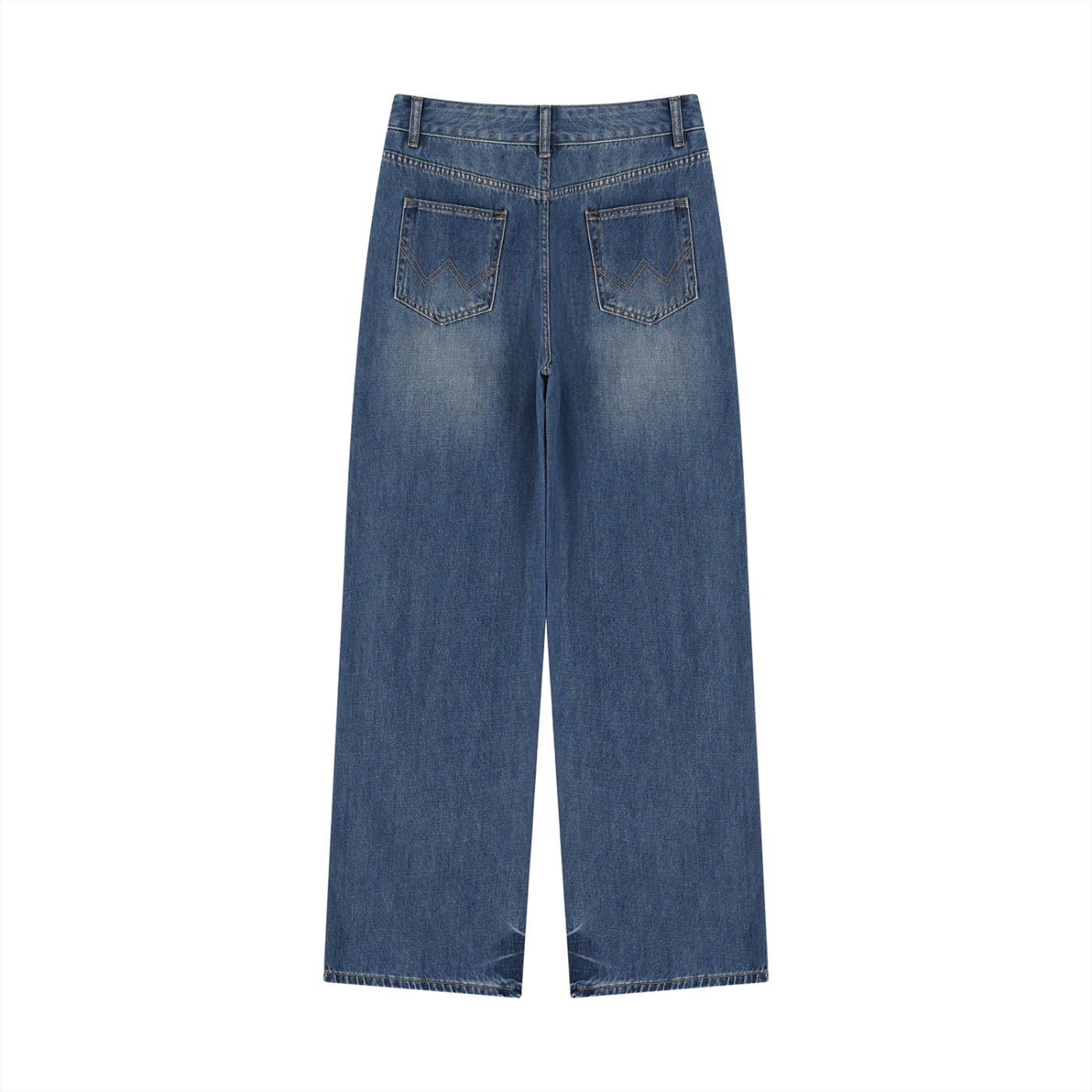 Back view of vintage wash wide leg jeans on a white background
