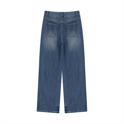 Back view of vintage wash wide leg jeans on a white background